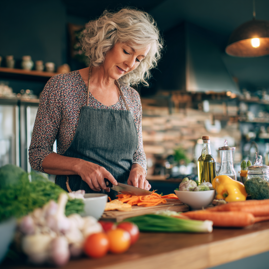 Middle-aged woman preparing healthy meal in modern kitchen