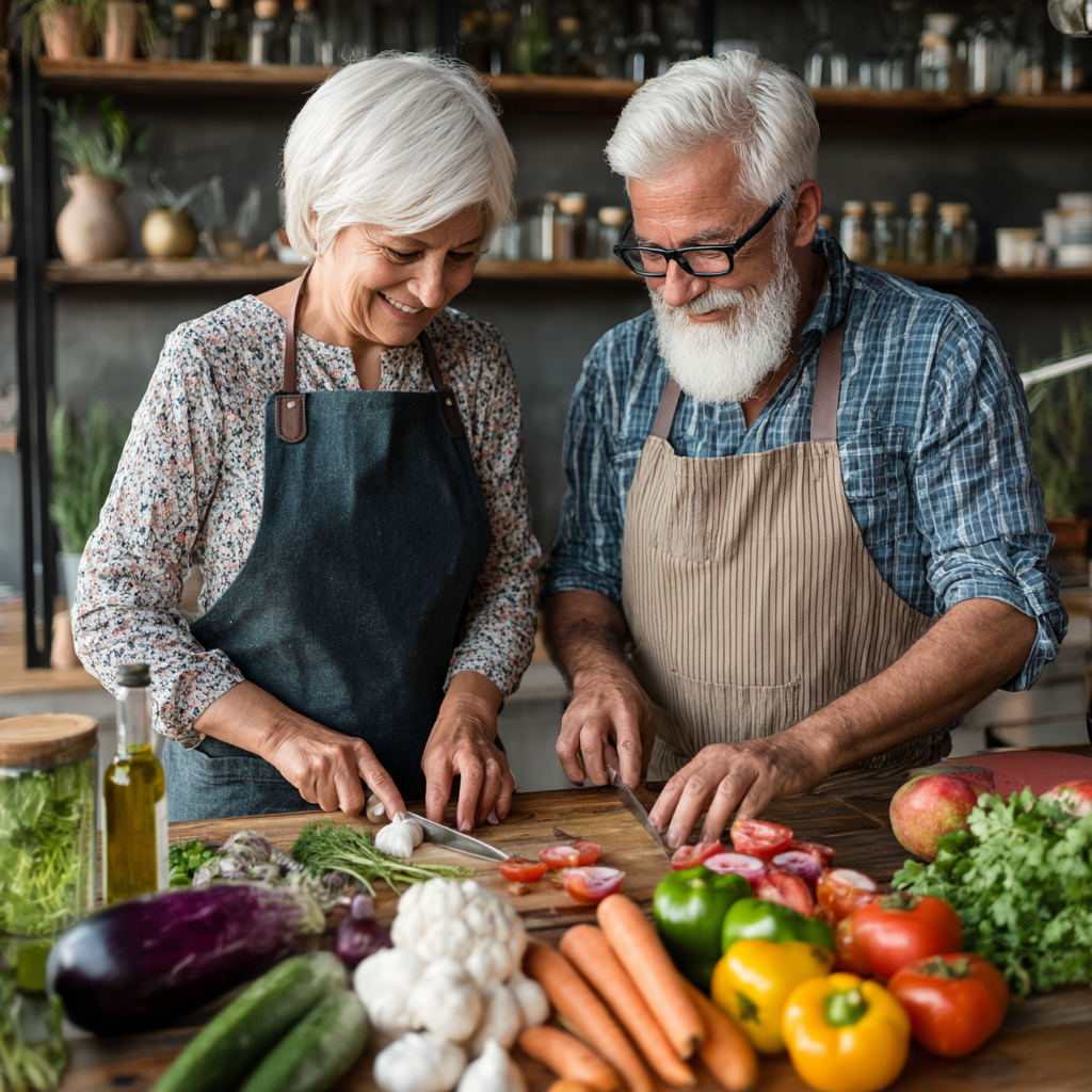 Senior couple cooking together healthy Mediterranean meal with fresh vegetables